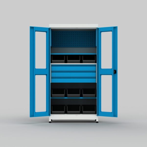 takım dolabı raflı üç çekmeceli camlı